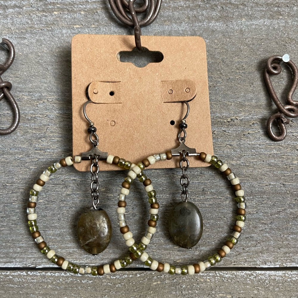 Handmade Seed bead hoop earrings with genuine Labradorite stone